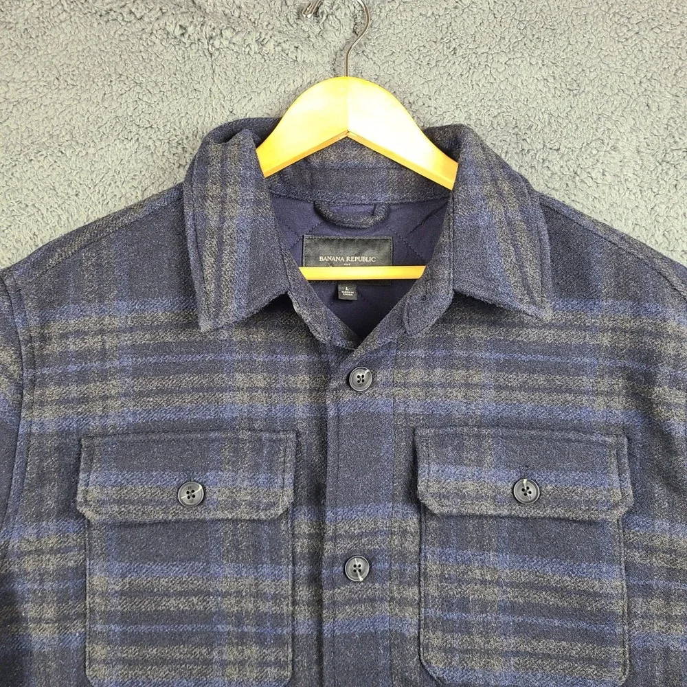 Banana Republic Mens Quilted Wool Blend Shacket Navy Plaid Jacket 736723-01 L
